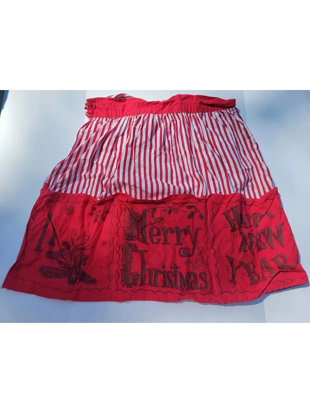 Vtg Red White Striped Retro Christmas Waist Apron Merry Christmas Happy New Year